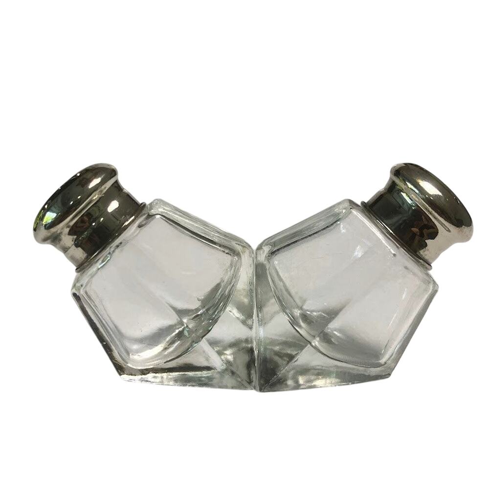 Vintage Salt & Pepper Shakers Silver Plated & Glass Nesting 2" Octagon Shaped